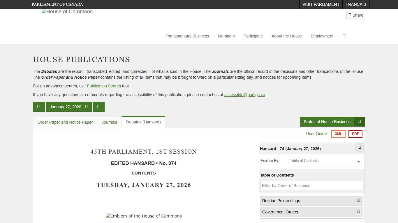 Debates (Hansard) No. 74 - January 27, 2026 (45-1) - House of Commons of Canada